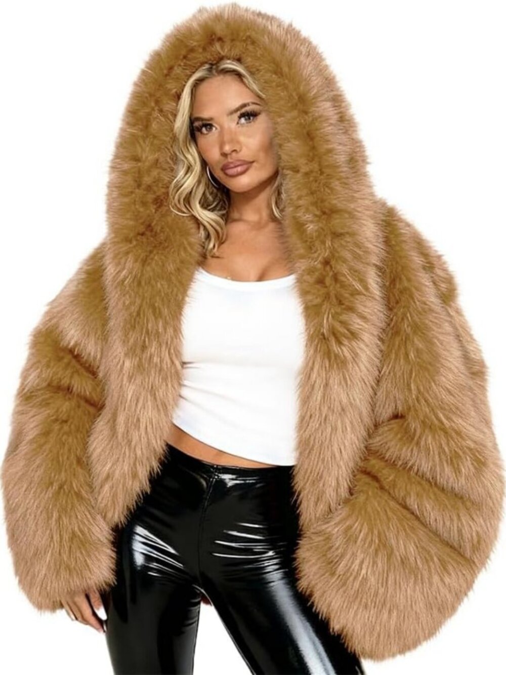 Cozy Faux Fur Hooded Coat for Women - Casual Fluffy Open Front Winter Jacket